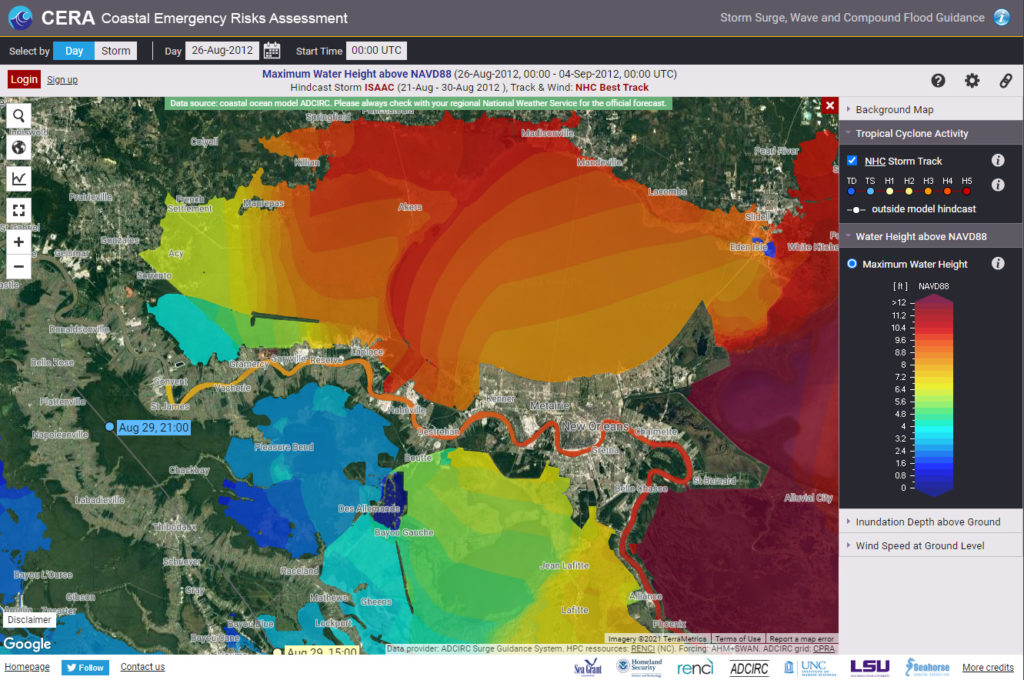 Screen capture of the CERA Web Mapper showing water heights in Louisiana during a hurricane