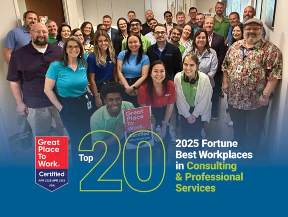 Graphic acknowledging Freese and Nichols No. 20 ranking on the 2025 Fortune Best Workplaces in Consulting and Professional Services list. The graphic includes an image of of smiling Freese and Nichols employees and the Great Places to Work banner.